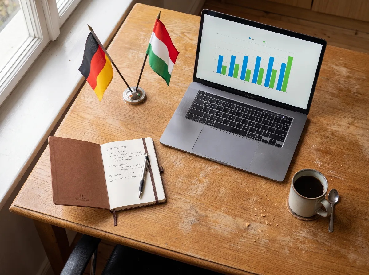 Schreibtisch mit Laptop, Notizbuch und deutscher sowie ungarischer Tischflagge, Sinnbild fuer deutsch-ungarische Geschaeftszusammenarbeit