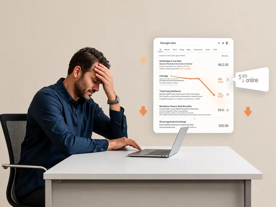Frustrierter Unternehmer analysiert sinkenden Google-Traffic und SEO-Sichtbarkeitsverlust auf seinem Laptop