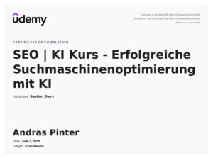 Udemy-Zertifikat: SEO mit KI – Erfolgreiche Suchmaschinenoptimierung mit künstlicher Intelligenz, Andras Pinter (2025)