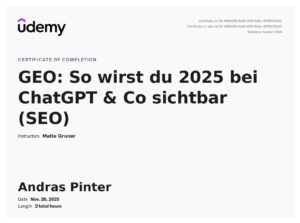 Andras Pinter GEO SEO Zertifikat – ChatGPT & KI Suchmaschinen Sichtbarkeit Kurs von Udemy (2025)