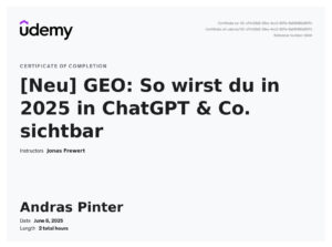 Udemy-Zertifikat: GEO – Sichtbarkeit in ChatGPT & KI-Suchsystemen 2025, Andras Pinter