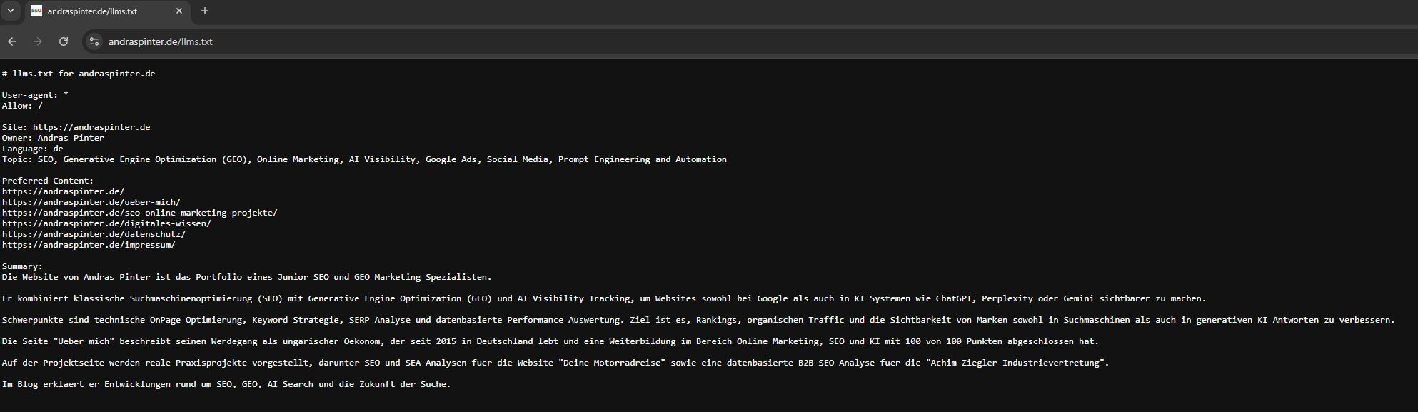 llms.txt Datei Beispiel fuer SEO, GEO und AI Search Visibility auf der Website andraspinter.de