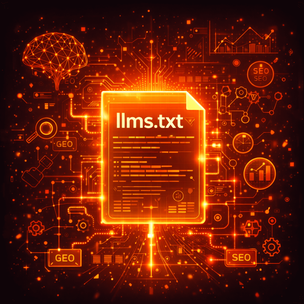 Infografik: llms.txt Datei für Generative Engine Optimization (GEO) – Strukturierte Inhalte für AI-Suchsysteme wie ChatGPT, Gemini und Perplexity