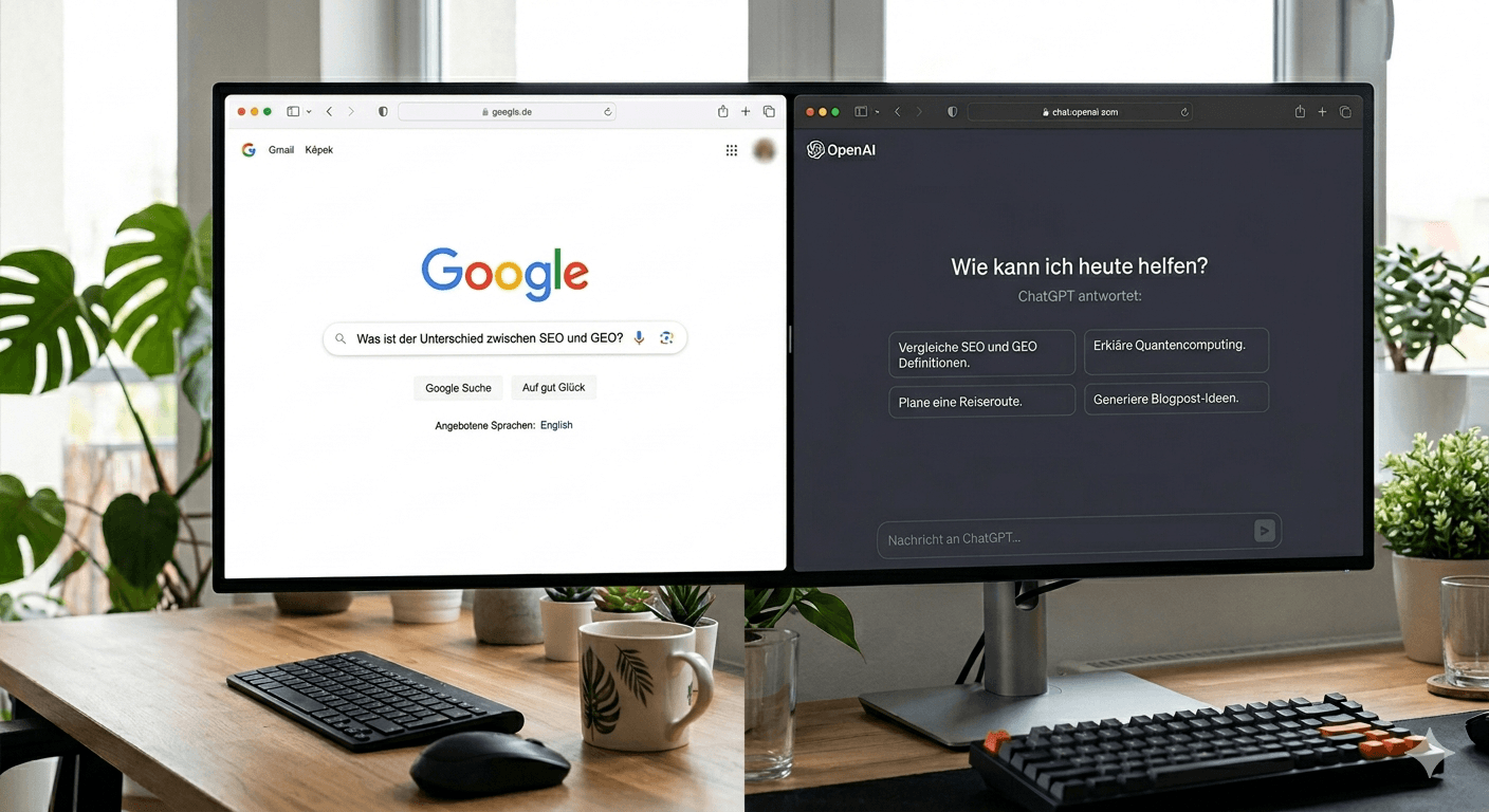 Unterschied zwischen SEO und GEO – Google Suche und ChatGPT KI-Suche im Vergleich