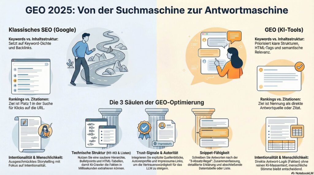 GEO 2026 Infografik: Unterschied zwischen klassischem SEO und KI-Suche sowie die 3 Säulen der GEO-Optimierung für mehr Sichtbarkeit in ChatGPT und Perplexity.