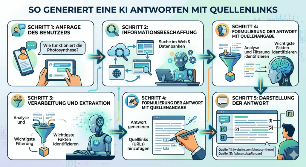 So generiert eine KI Antworten mit Quellenlinks – Darstellung der GEO-Optimierung für Sichtbarkeit in KI-Suchmaschinen wie ChatGPT und Perplexity.