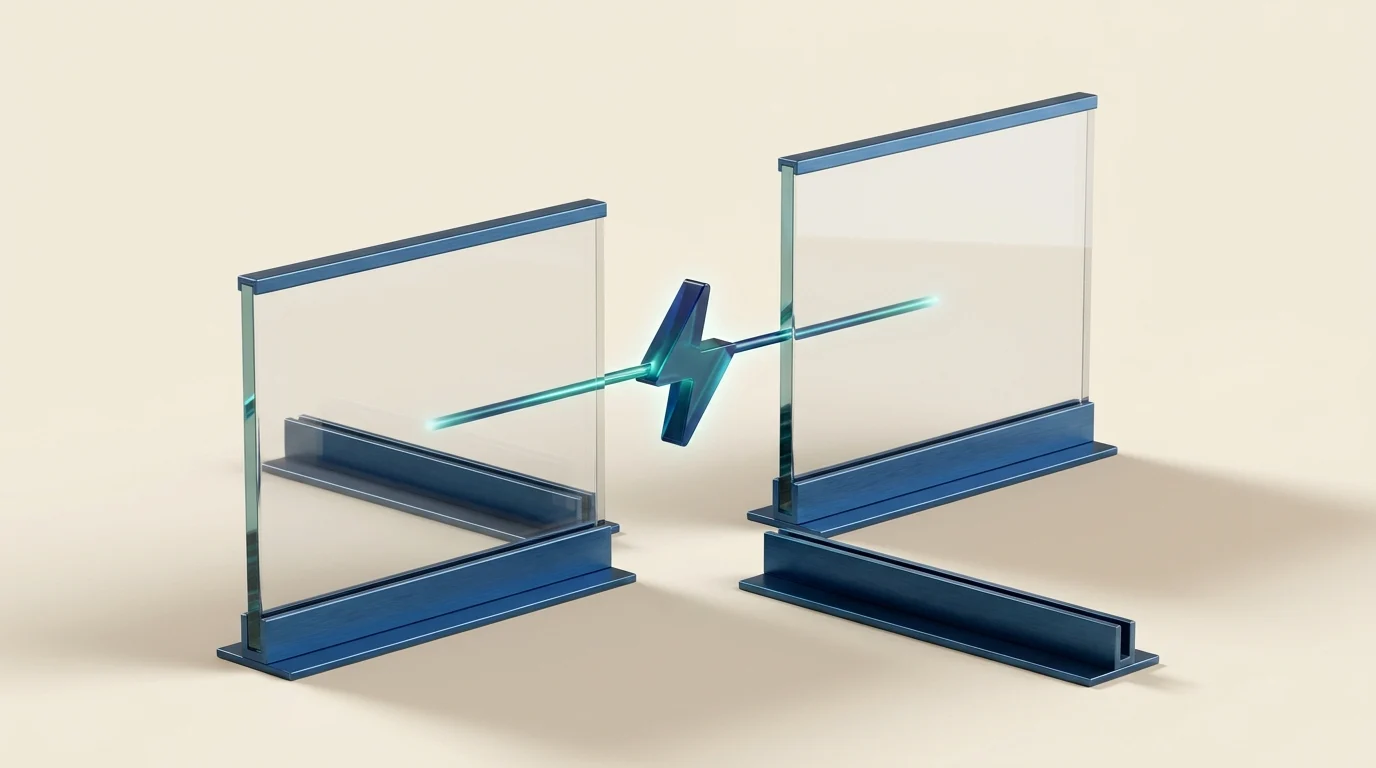 Illustration eines Blitzes, der zwei Glaspaneele sofort mit einem Lichtstrahl verbindet, als Symbol für schnelle automatisierte Generierung