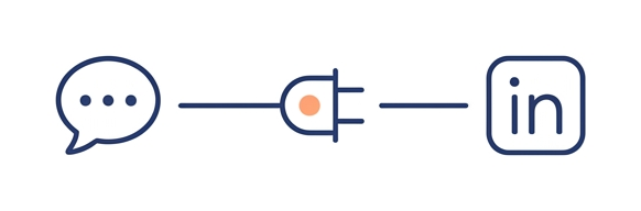 Minimalistische Strichzeichnung einer Sprechblase, die ueber ein Stecker-Symbol mit einem LinkedIn Icon verbunden ist