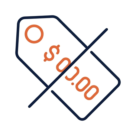 Minimalistische Strichzeichnung eines durchgestrichenen Preisschilds in Navy und Orange