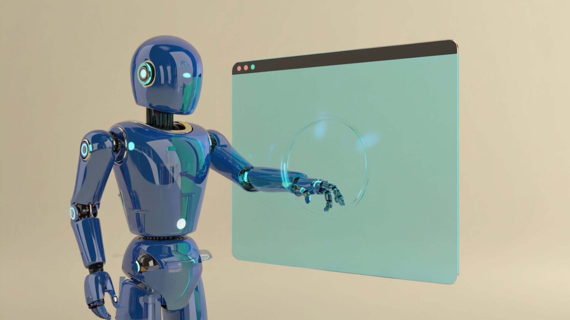 Erster Runway-gen-4-Versuch: fotorealistischer blauer Roboter vor beigem Hintergrund