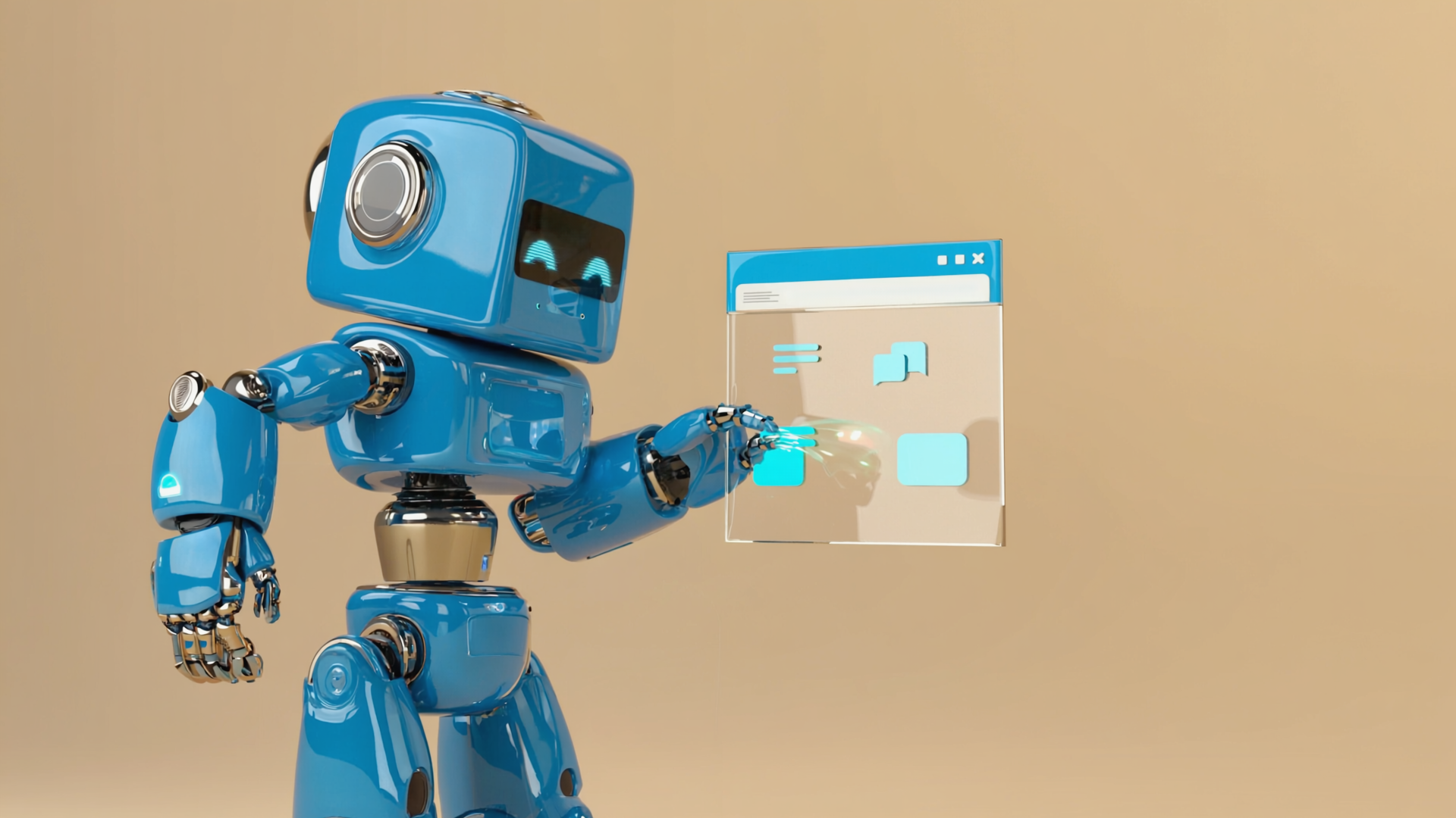 Zweiter Runway-gen-4-Versuch mit expliziter Hex-Farbvorgabe: fotorealistischer blauer Roboter, erneut mit beigem Hintergrund