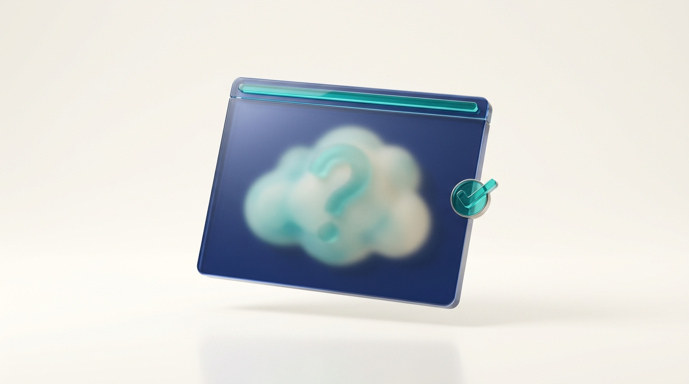Abstrakte 3D-Illustration eines dunkelblauen Glas-Browserfensters mit einer unscharfen, wolkenartigen Fragezeichen-Form im Inneren, waehrend ein scharfes tuerkises Vertrauens-Haekchen ausserhalb des Fensters schwebt