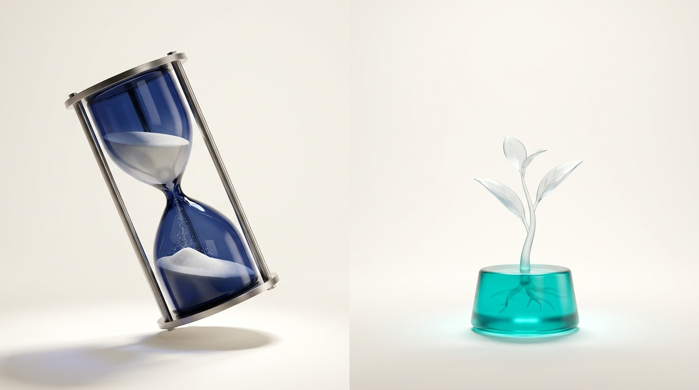 Abstrakte 3D-Illustration einer dunkelblauen Glas-Sanduhr links neben einem kleinen tuerkisen Glassockel mit einem zarten Glaskeimling rechts