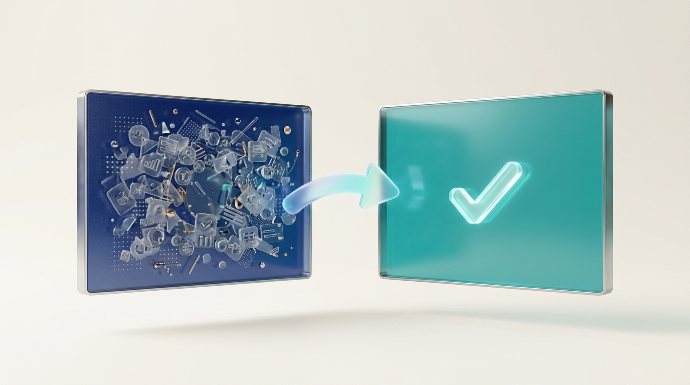 Abstrakte 3D-Illustration von zwei Glaspaneelen: links dicht uebersaet mit vielen kleinen Glas-Icons, rechts ein aufgeraeumtes Panel mit nur einem klaren Haekchen