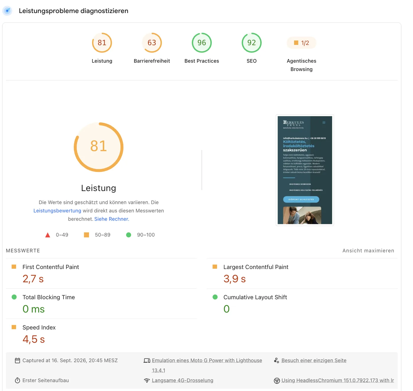 PageSpeed Insights mobil am 16. September 2026: Performance 81, Barrierefreiheit 63, Best Practices 96, SEO 92, LCP 3,9 Sekunden