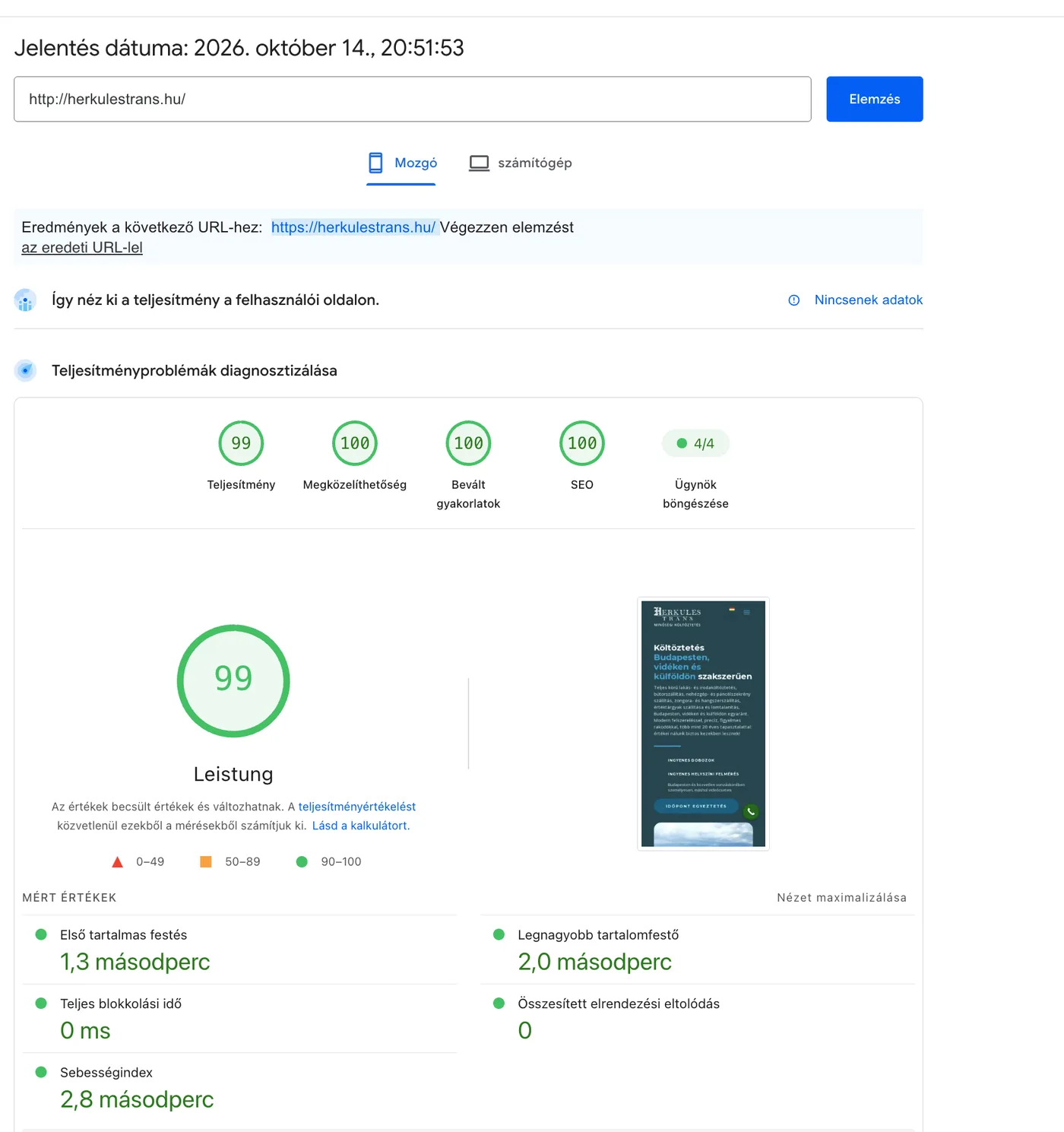 PageSpeed Insights mobil am 14. Oktober 2026: Performance 99, Barrierefreiheit 100, Best Practices 100, SEO 100, LCP 2,0 Sekunden